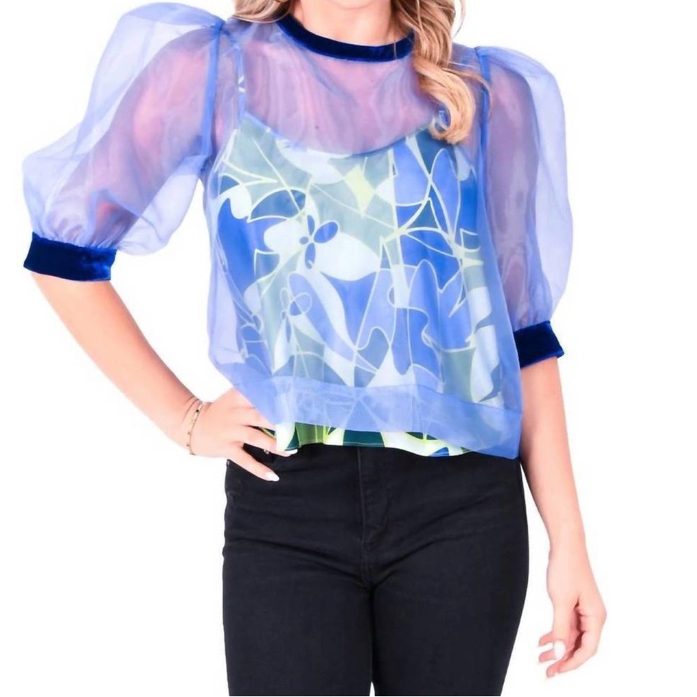NWOT Emily McCarthy Bella Sheer Organza Blue Floral Print Bow Top